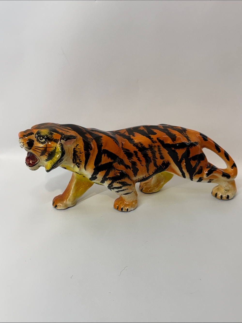MCM Hand Painted Glazed Ceramic Tiger Statue 8.5x3.5 Unmarked